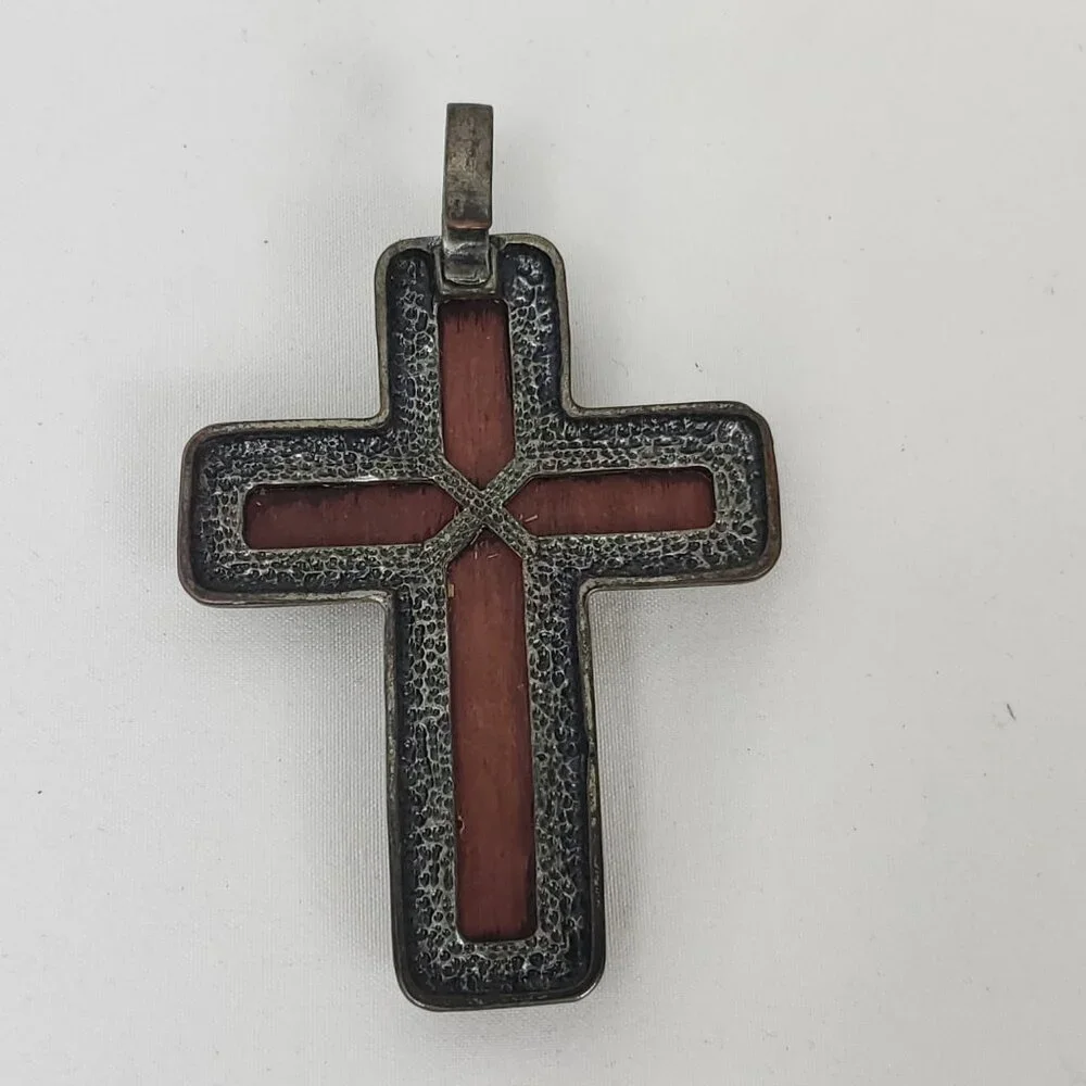 Metal & Wooden Rhinestone Large Cross Pendant - Picture 7 of 8